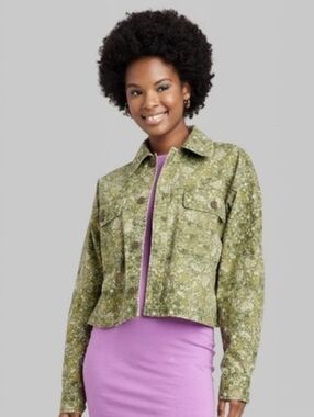 Wild Fable Green Floral Cropped Canvas Surplus Jacket Sz S
